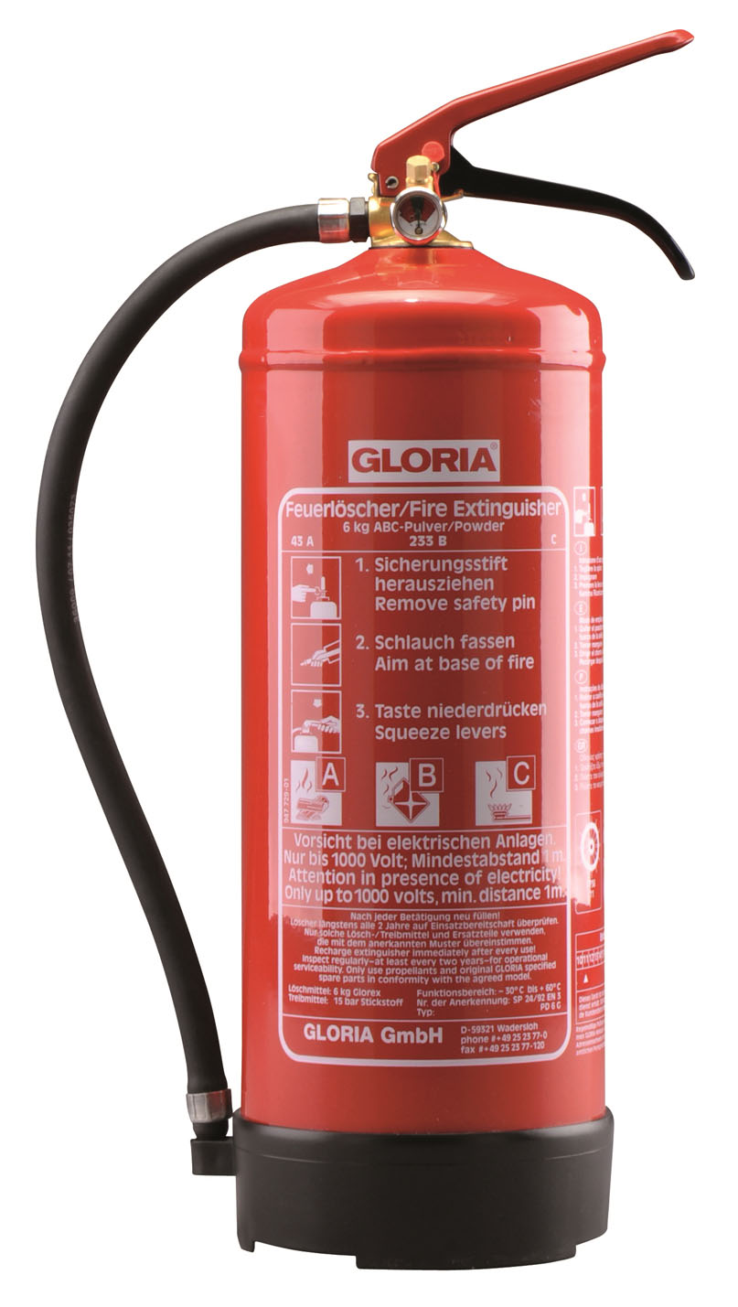 Gloria Tragbarer Pulver-Feuerlöscher PD6GA mit Manometer und Wandhalter